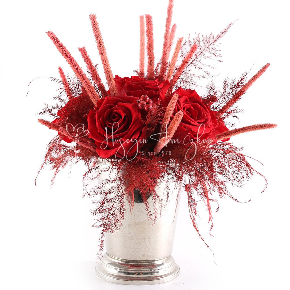 Red Preserved Roses & Silver Pot