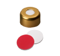 UltraClean Kapanış: 11 mm Alüminyum Kapak, altın lake, orta delik; Silikon beyazı/PTFE kırmızısı, 45° Shore A, 1,3 mm