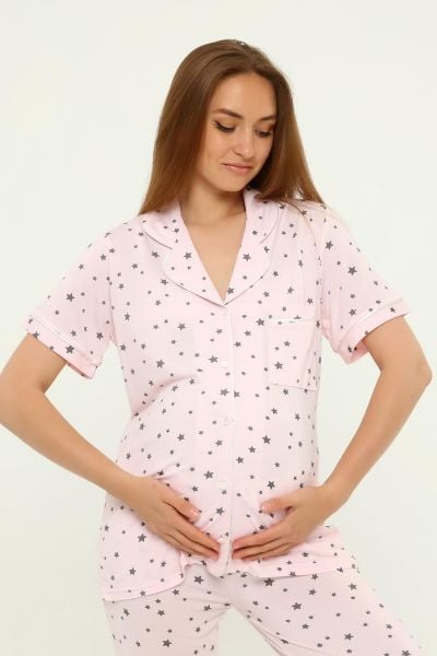 Önden Düğmeli Hamile Lohusa MEVSİMLİK KISA KOL PİJAMA TAKIMI