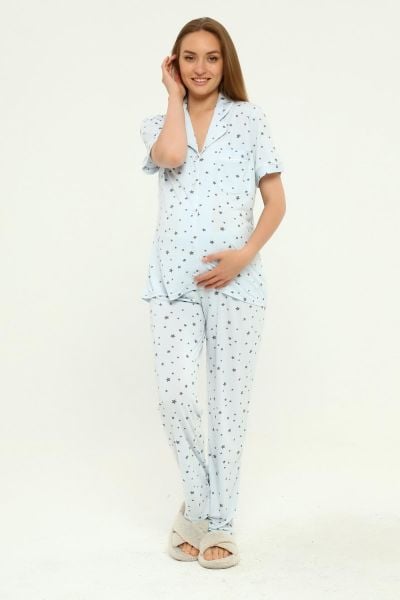 Önden Düğmeli Hamile Lohusa MEVSİMLİK KISA KOL PİJAMA TAKIMI