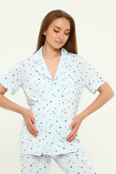 Önden Düğmeli Hamile Lohusa MEVSİMLİK KISA KOL PİJAMA TAKIMI