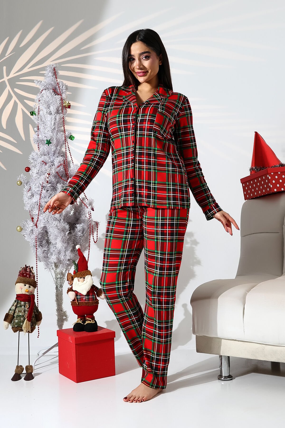 Likapashop ekose büyük beden kırmızı pijama takımı