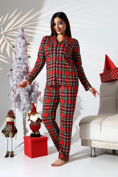 Likapashop ekose büyük beden kırmızı pijama takımı