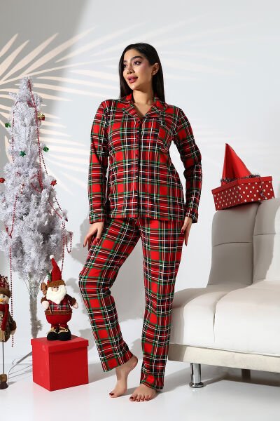Likapashop ekose büyük beden kırmızı pijama takımı
