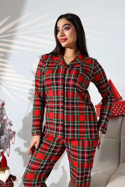 Likapashop ekose büyük beden kırmızı pijama takımı