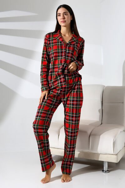 Likapashop ekose büyük beden kırmızı pijama takımı