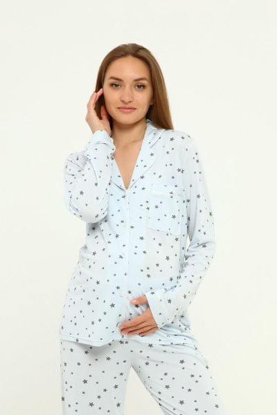 Önden Düğmeli Hamile Lohusa MEVSİMLİK UZUN KOL PİJAMA TAKIMI