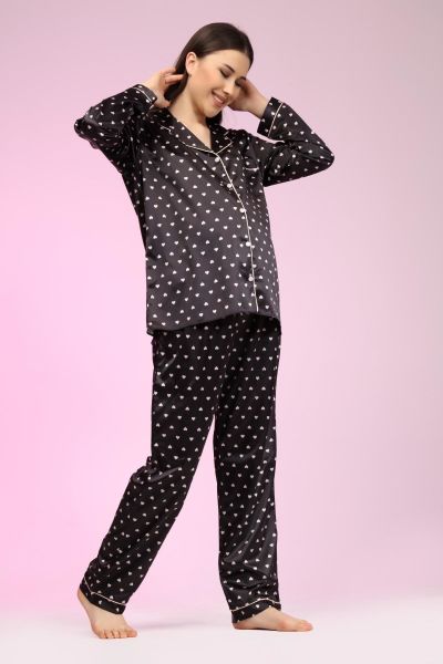 Likapa Saten Önden Düğmeli Hamile Lohusa UZUN KOL PİJAMA TAKIMI