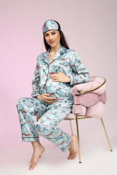 Likapa Saten Önden Düğmeli Hamile Lohusa UZUN KOL PİJAMA TAKIMI
