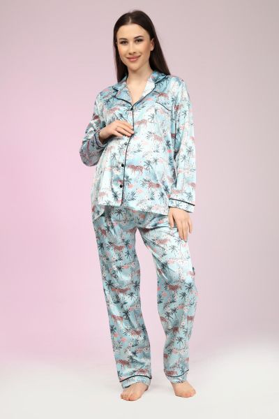Likapa Saten Önden Düğmeli Hamile Lohusa UZUN KOL PİJAMA TAKIMI