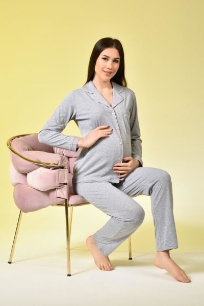 Likapa Düz Renk Önden Düğmeli Hamile Lohusa UZUN KOL PİJAMA TAKIMI