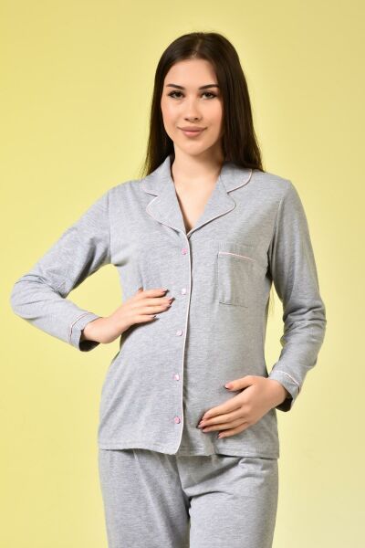 Likapa Düz Renk Önden Düğmeli Hamile Lohusa UZUN KOL PİJAMA TAKIMI