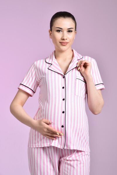 Likapa Penye Önden Düğmeli Hamile Lohusa KISA KOL PİJAMA TAKIMI ,%100 Cotton