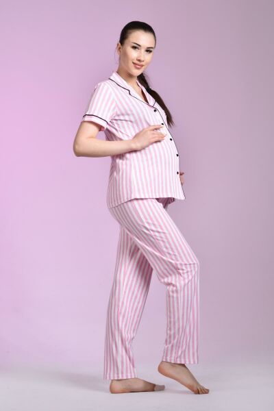 Likapa Penye Önden Düğmeli Hamile Lohusa KISA KOL PİJAMA TAKIMI ,%100 Cotton