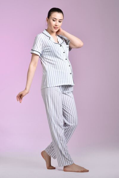 Likapa Penye Önden Düğmeli Hamile Lohusa KISA KOL PİJAMA TAKIMI ,%100 Cotton
