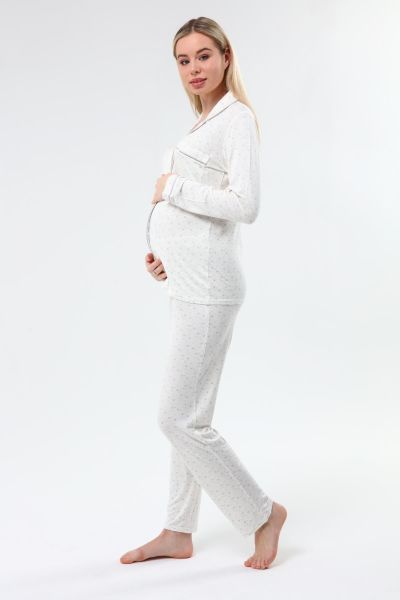 Likapa Önden Düğmeli Hamile Lohusa MEVSİMLİK UZUN KOL PİJAMA TAKIMI