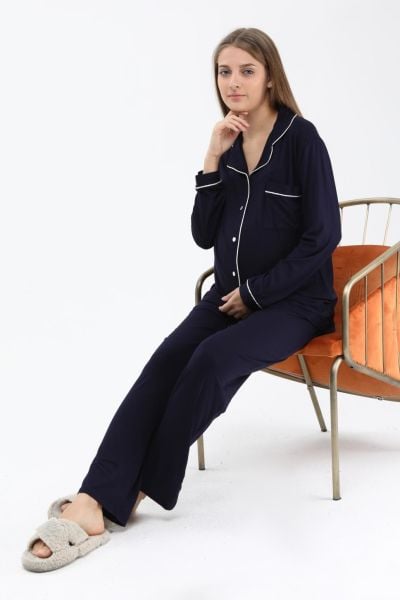 Likapa Önden Düğmeli Hamile Lohusa MEVSİMLİK UZUN KOL PİJAMA TAKIMI