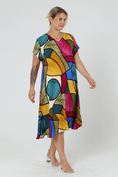 Likapa Yazlık Büyük Beden Viskon  V Yaka Kısa Kol Elbise 2688