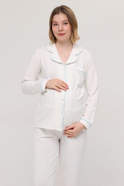 Likapa Önden Düğmeli Hamile Lohusa UZUN KOL PİJAMA TAKIMI