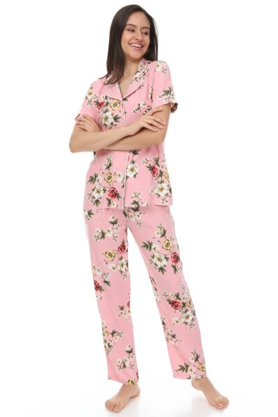 Kısa Kollu Gömlek Yaka Viskon Pijama Takımı