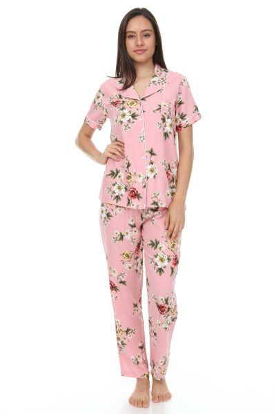 Kısa Kollu Gömlek Yaka Viskon Pijama Takımı