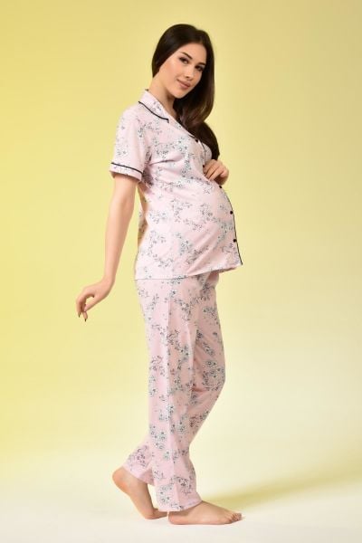 Penye Önden Düğmeli Hamile Lohusa KISA KOL PİJAMA TAKIMI