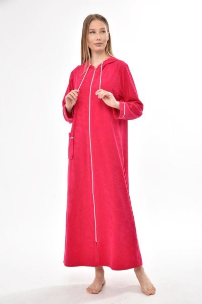 3106 Likapa Fermuarlı Uzun Kapüşonlu Havlu Elbise Fuşya - 3XL