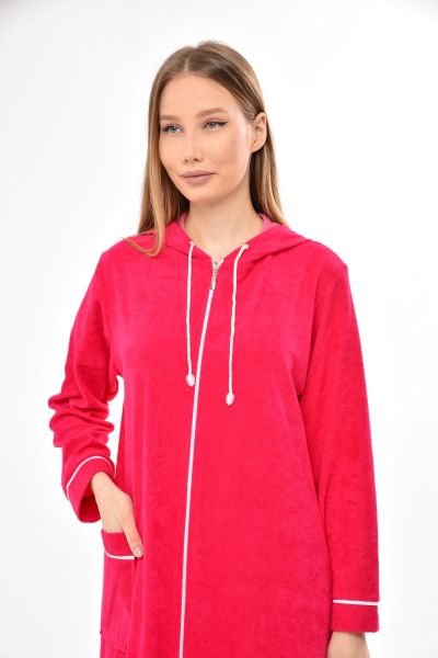 3106 Likapa Fermuarlı Uzun Kapüşonlu Havlu Elbise Fuşya - 3XL