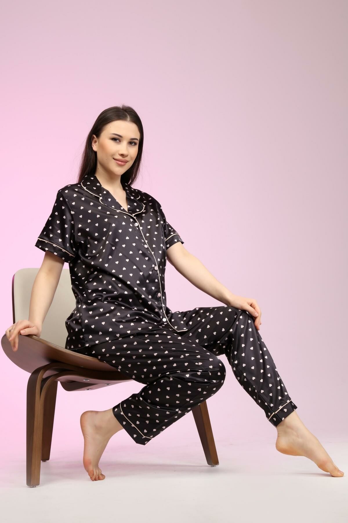 Likapa Saten Önden Düğmeli Hamile Lohusa KISA KOL PİJAMA TAKIMI