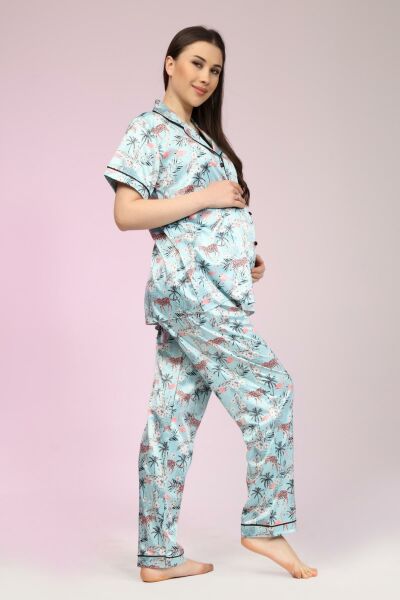 Likapa Saten Önden Düğmeli Hamile Lohusa KISA KOL PİJAMA TAKIMI