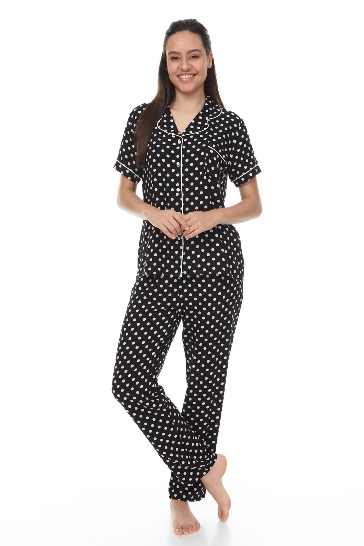 Kısa Kollu Gömlek Yaka Viskon Pijama Takımı