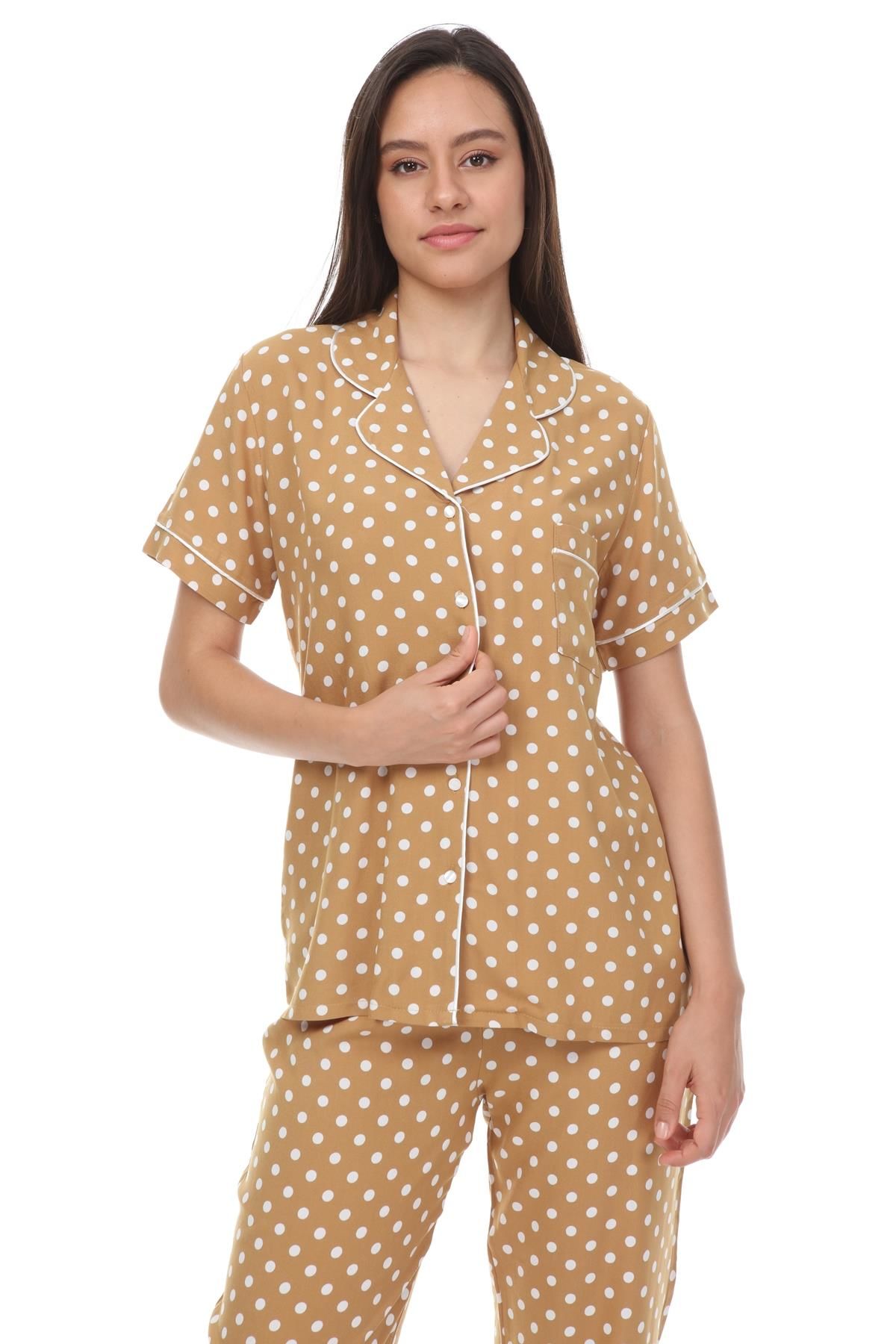 Kısa Kollu Gömlek Yaka Viskon Pijama Takımı