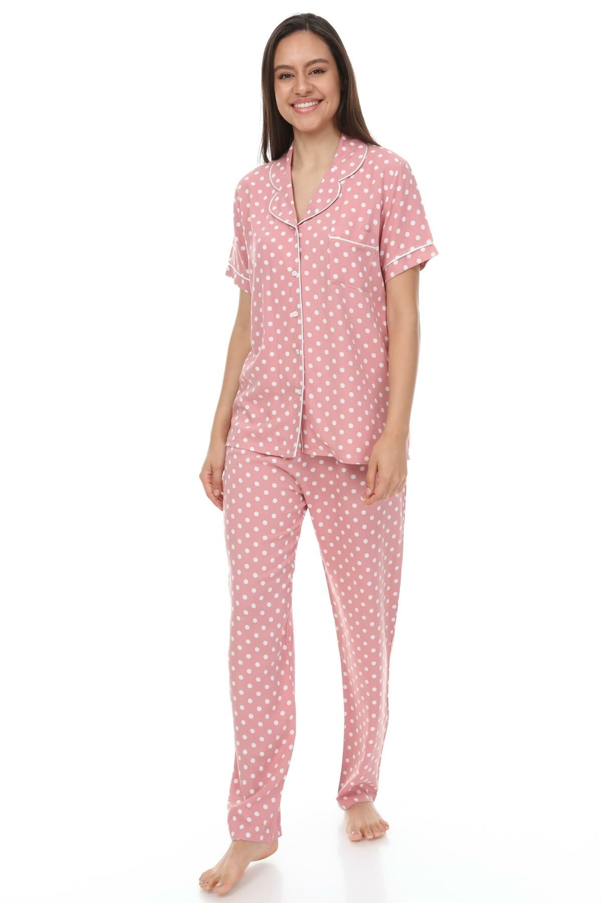 Kısa Kollu Gömlek Yaka Viskon Pijama Takımı