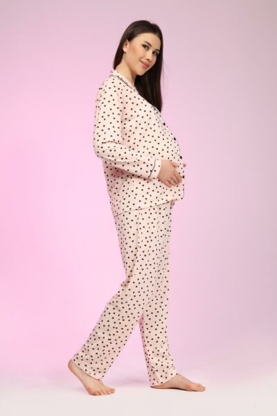 Likapa Penye Önden Düğmeli Hamile Lohusa UZUN KOL PİJAMA TAKIMI