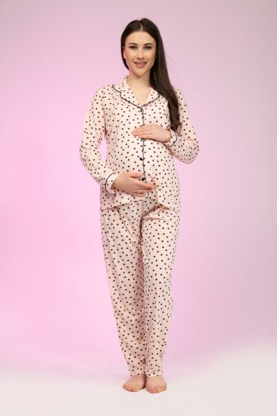 Likapa Penye Önden Düğmeli Hamile Lohusa UZUN KOL PİJAMA TAKIMI