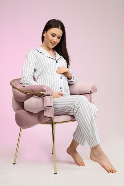 Likapa Penye Önden Düğmeli Hamile Lohusa UZUN KOL PİJAMA TAKIMI