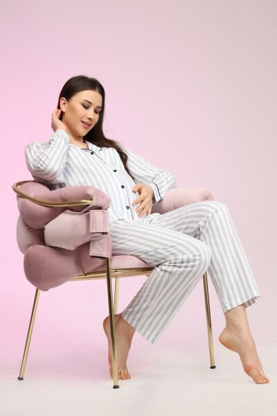 Likapa Penye Önden Düğmeli Hamile Lohusa UZUN KOL PİJAMA TAKIMI