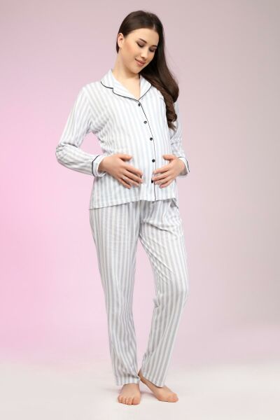Likapa Penye Önden Düğmeli Hamile Lohusa UZUN KOL PİJAMA TAKIMI
