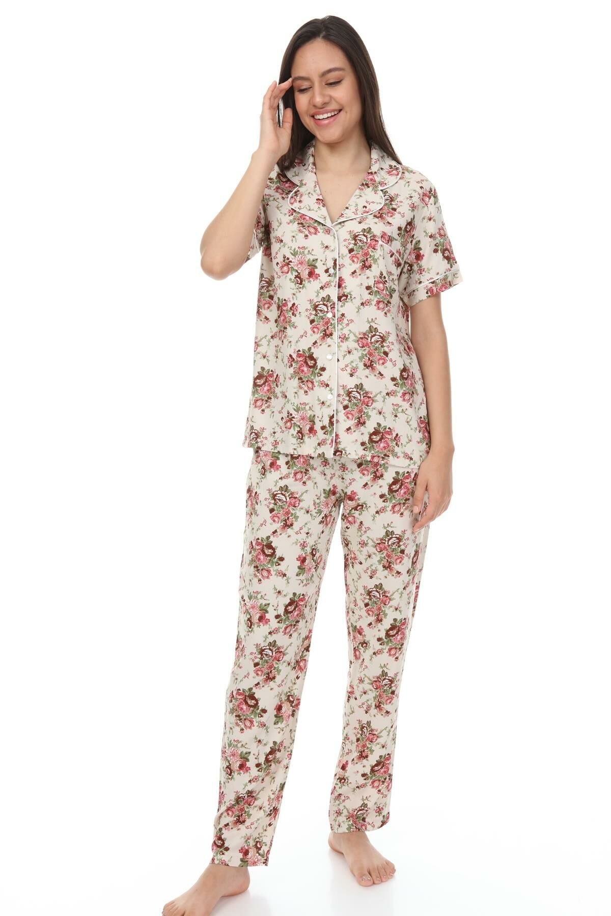Kısa Kollu Gömlek Yaka Viskon Pijama Takımı