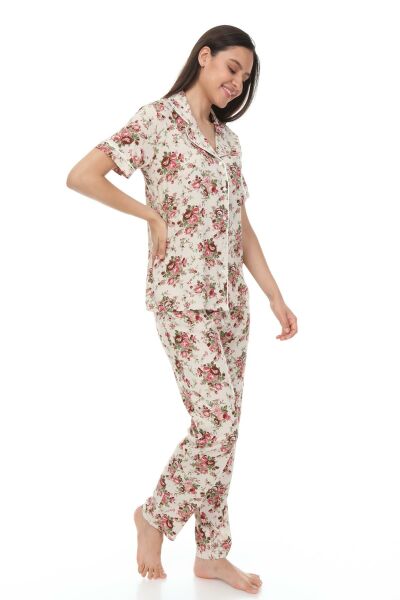 Kısa Kollu Gömlek Yaka Viskon Pijama Takımı