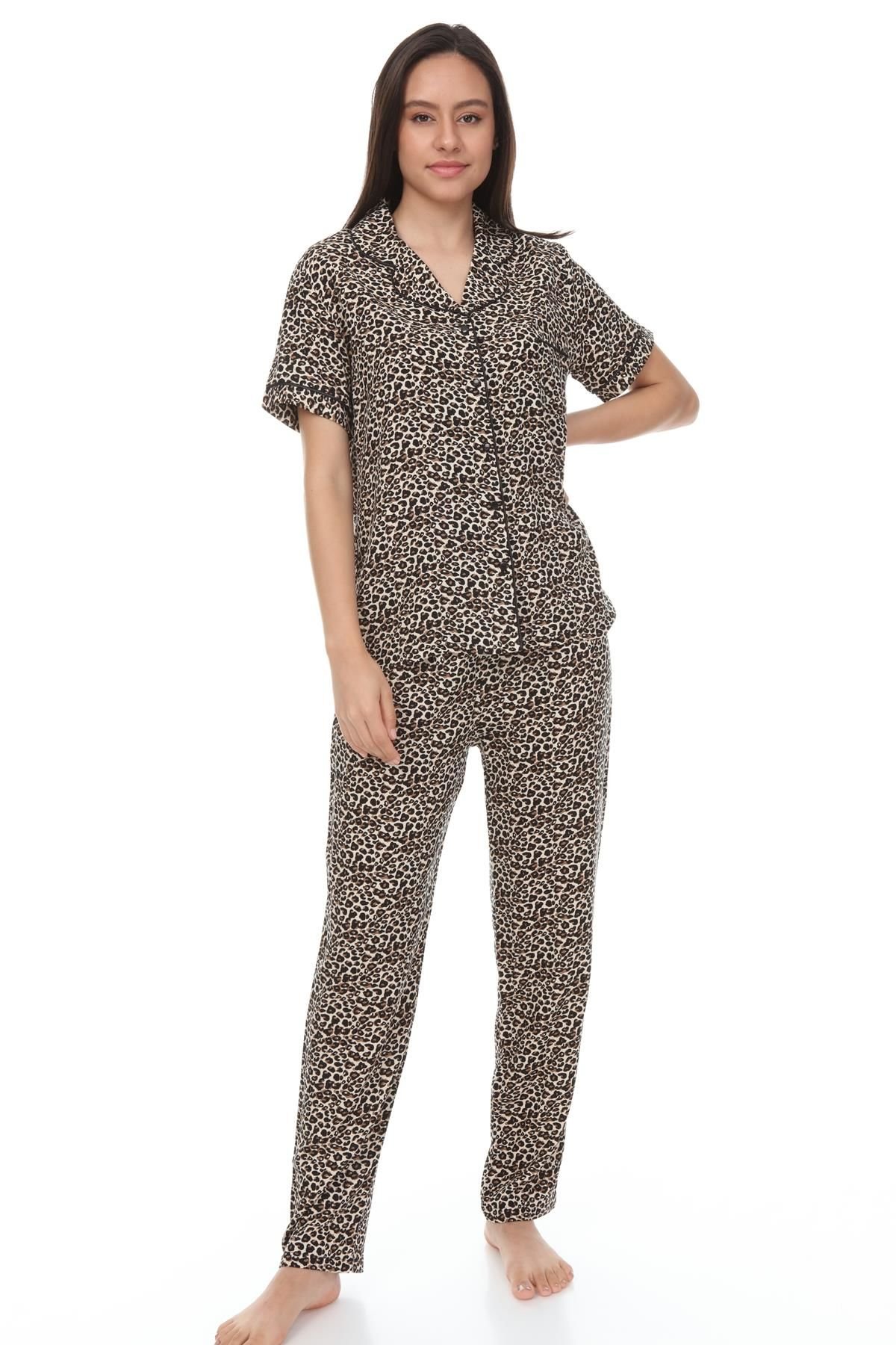 Kısa Kollu Gömlek Yaka Viskon Pijama Takımı