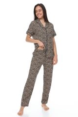 Kısa Kollu Gömlek Yaka Viskon Pijama Takımı