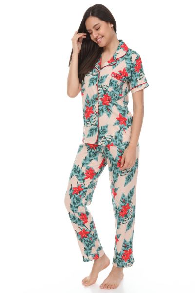 Kısa Kollu Gömlek Yaka Dokuma Pijama Takımı