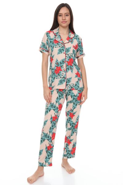 Kısa Kollu Gömlek Yaka Dokuma Pijama Takımı
