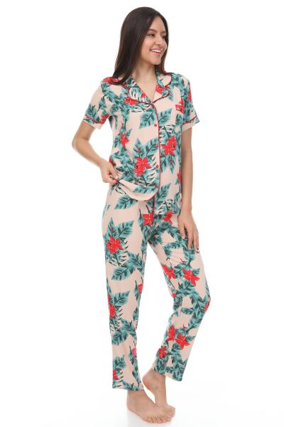 Kısa Kollu Gömlek Yaka Dokuma Pijama Takımı