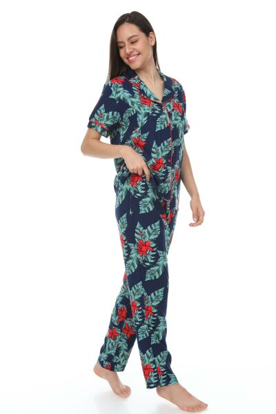 Kısa Kollu Gömlek Yaka Dokuma Pijama Takımı