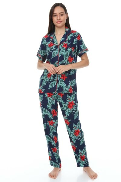 Kısa Kollu Gömlek Yaka Dokuma Pijama Takımı