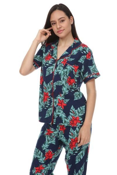 Kısa Kollu Gömlek Yaka Dokuma Pijama Takımı