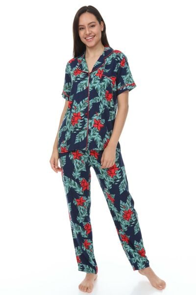Kısa Kollu Gömlek Yaka Dokuma Pijama Takımı