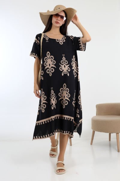 LİKAPASHOP VİSKON KISA KOL ELBİSE 2726 SİYAH OTANTİK - XL